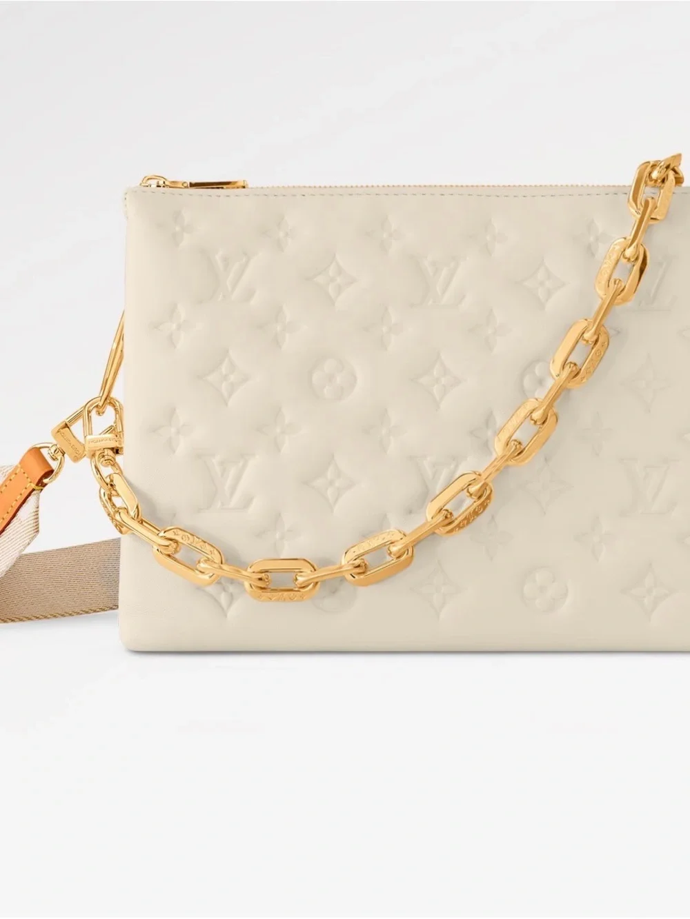 Louis Vuitton Cream Coussin PM Crossbody Bag with Gold Chain & adjustable strap